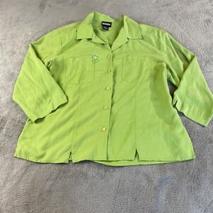 Notations 100% Silk  Shirt Women's L Lime Green 3/4 Sleeve Flower Accent Blouse